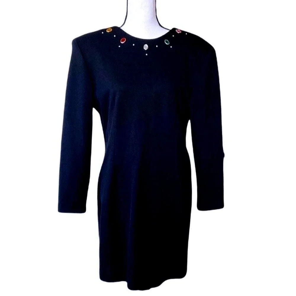 Vintage Black Long Sleeve Embellished‎ Neckline Dress Women Large Zipper Front - Picture 2 of 13